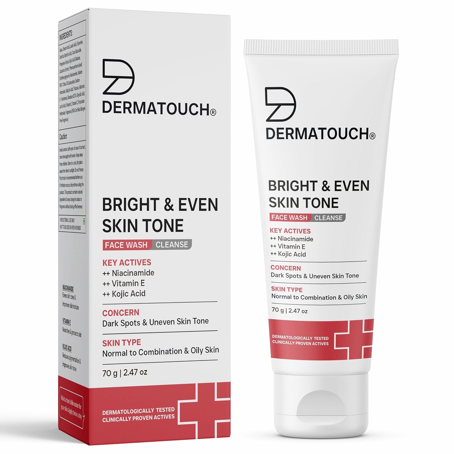 DERMATOUCH Bright & Even Tone Face Wash with Niacinamide, Vitamin E and Kojic Acid