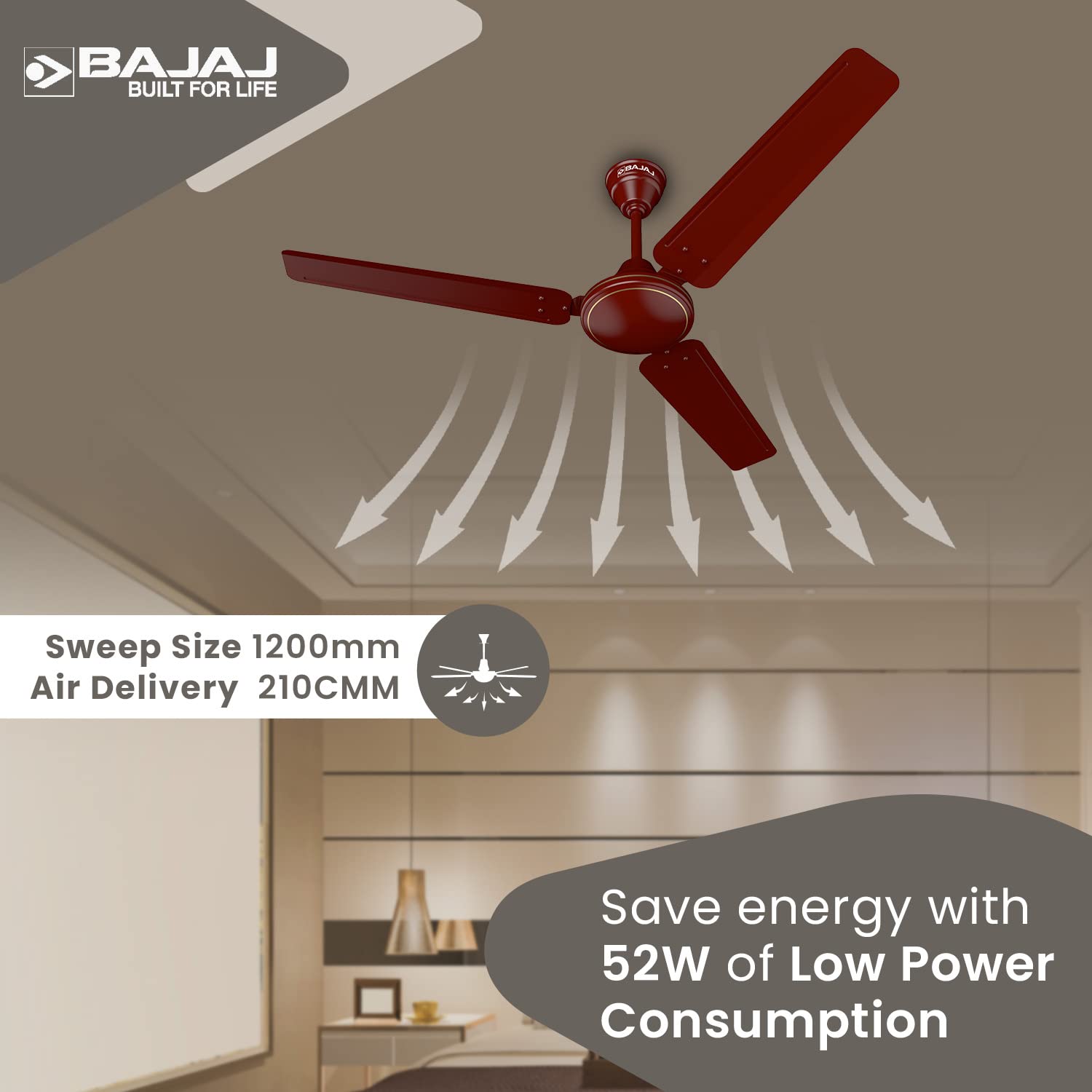 Bajaj Frore 1200 MM (48") 1 Star Rated Ceiling Fans For Home | BEE Star Rated Energy Efficient Ceiling Fan | Rust Free Coating For Long Life | High Air Delivery | 2-Yr Warranty 【Brown】